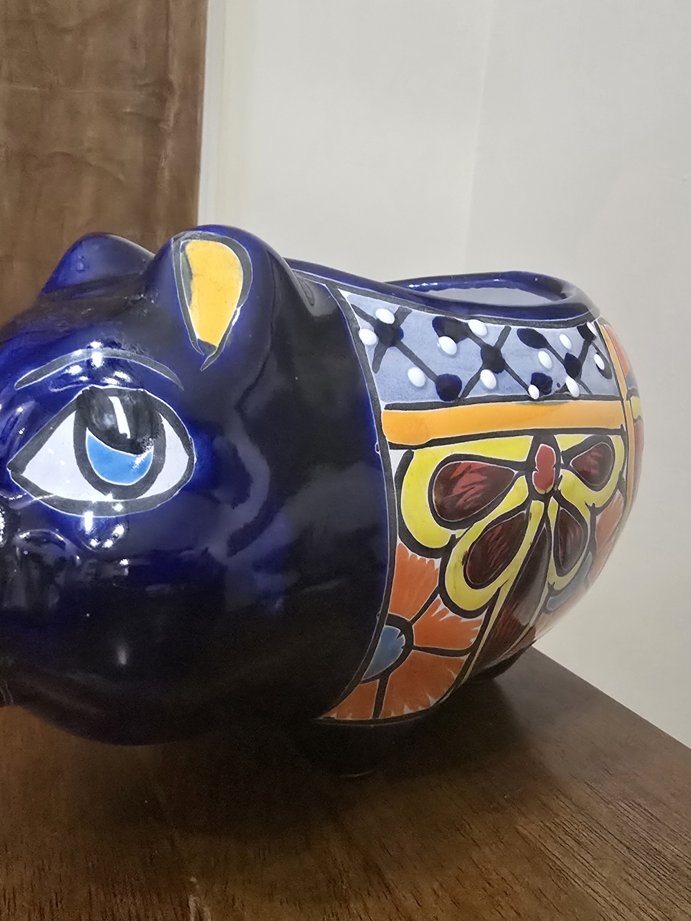 Mexican Talavera Ceramic Pig Planter Cobalt Floral Hand Painted Flower Pot Avera